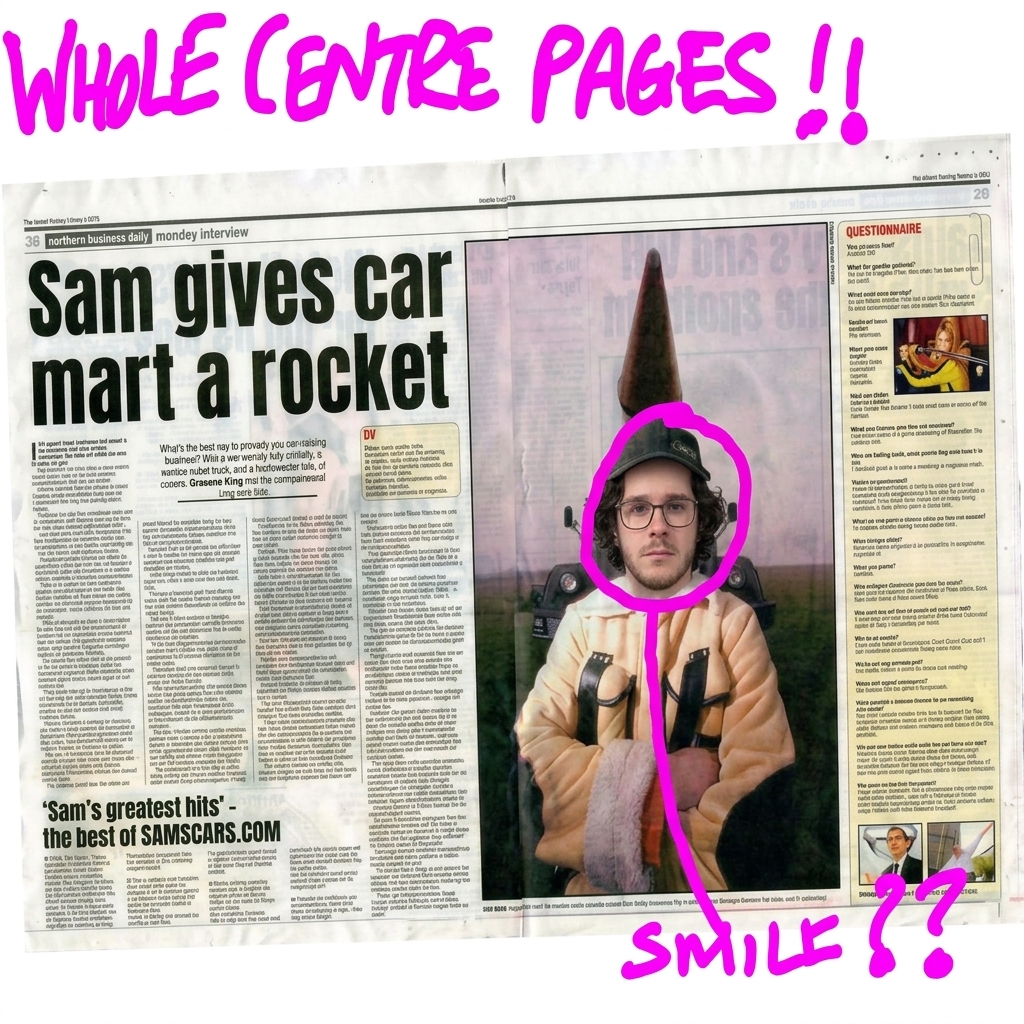 Newspaper centre spread headlined 'Sam gives car mart a rocket', with Sam wearing a rocket hat